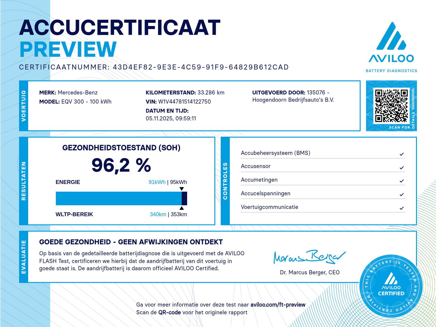 Mercedes-Benz EQV 300 90kWh SoH 96,2 % L3 Extra Lang - 8 Zits - Leder - elc. Schuif