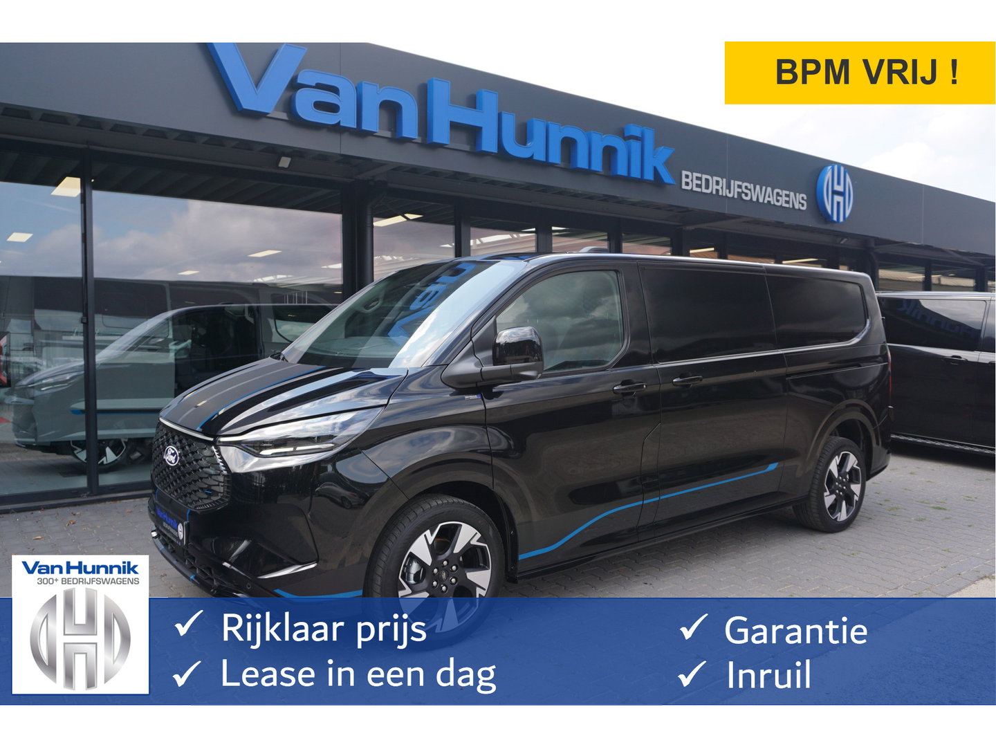 Ford Transit E-Custom 340L 218PK 71KWH Sport AUT Elektrisch Navi, ACC, 360° Cam, Matrix LED, B&O, 19" LM, 2x Schuifdeur!! NR. P05*