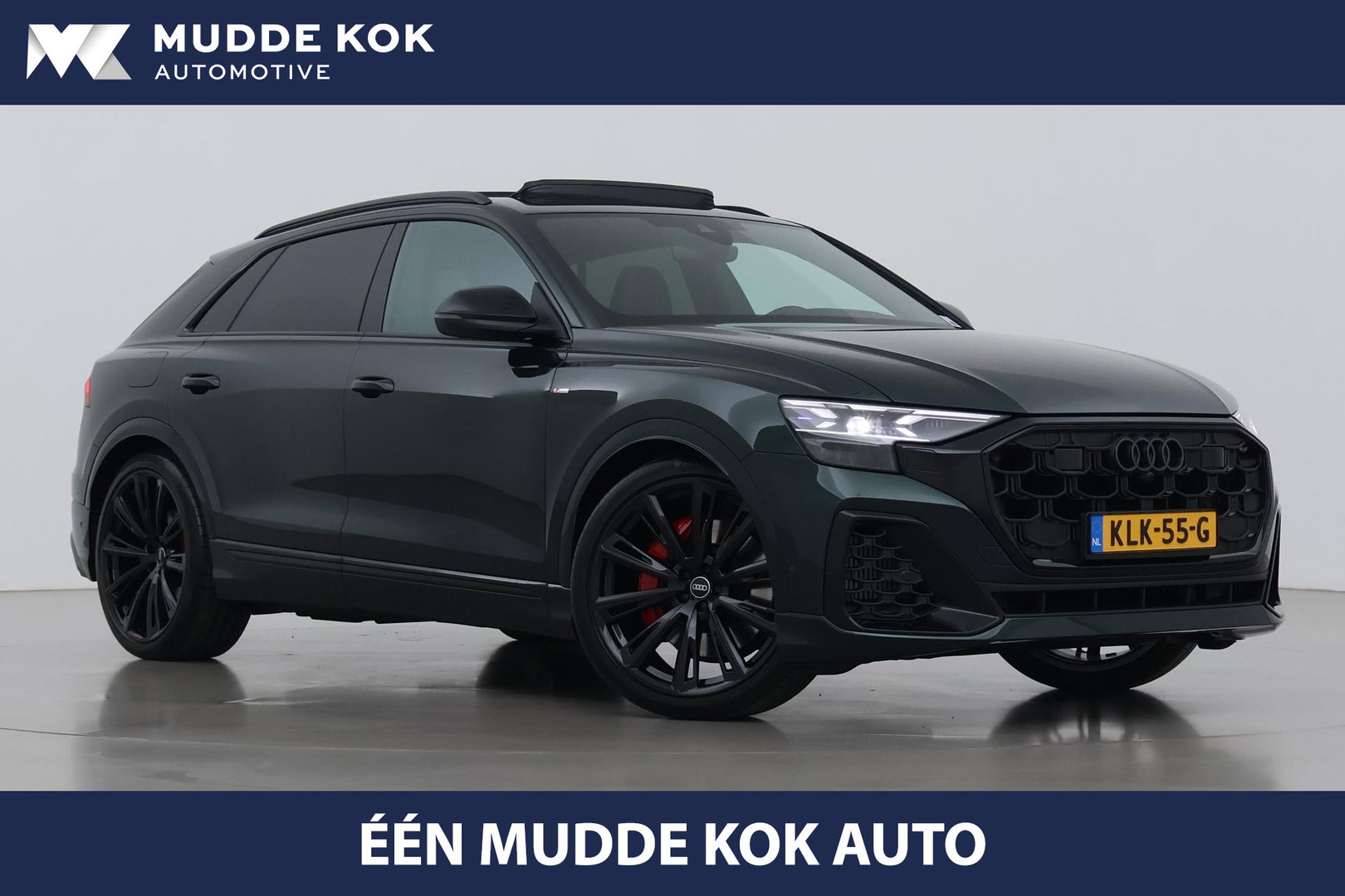 Audi Q8 60 TFSI e quattro Pro Line S Competition | Verde Zeltweg | Luchtvering | Trekhaak | Soft-Close | Panoramadak | B&O | 23 Inch