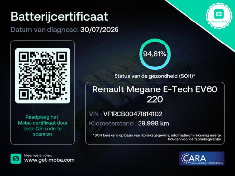 Renault Mégane E-Tech EV40 Boost Charge Equilibre [3-Fase-22kW] {SoH-94%} (INCL-BTW) Aut. *DIGI-COCKPIT | FULL-LED | COMFORTSEATS | NAVI-FULLMAP | CAMERA | SHIFTPADDLES | ECC | PDC | CRUISE | 18''ALU*
